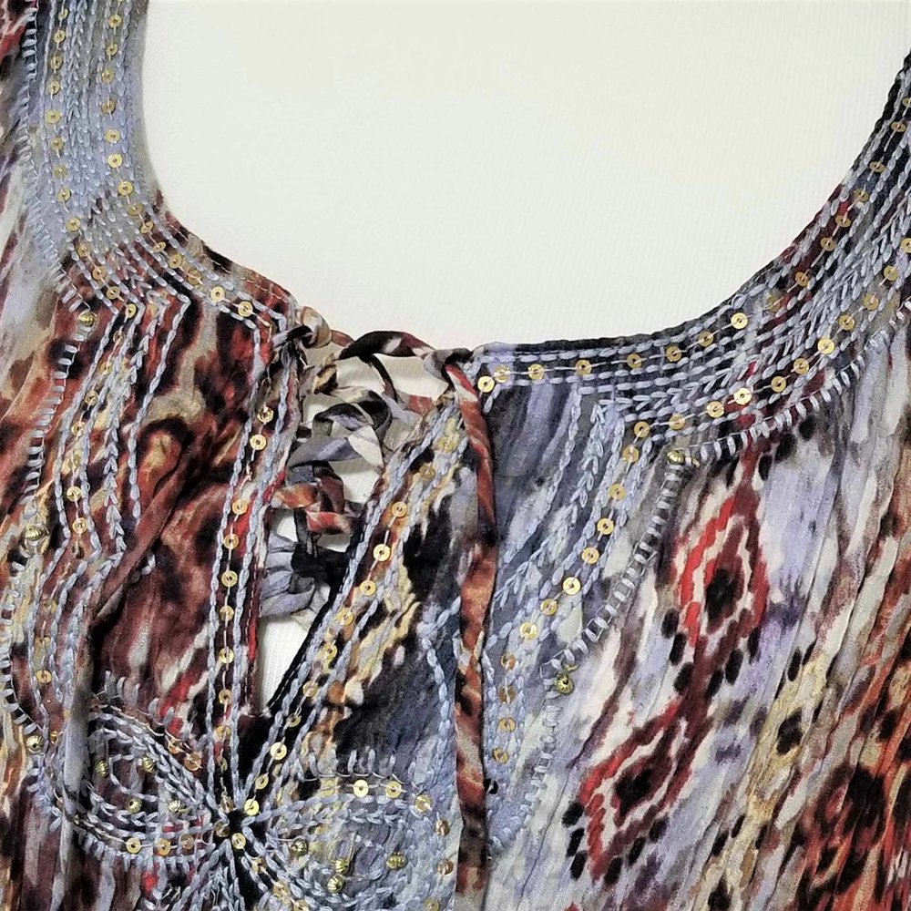 Top, Blouse. Blue, Brown, Rust Multi Pattern. Emb… - image 4